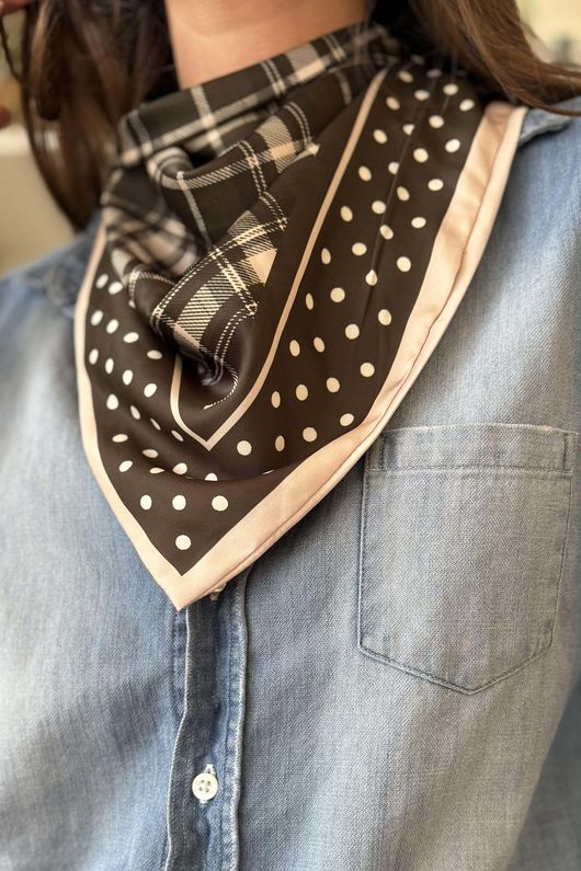 Plaid & Polka Border Triangle Silk Neckerchief Deep Khaki